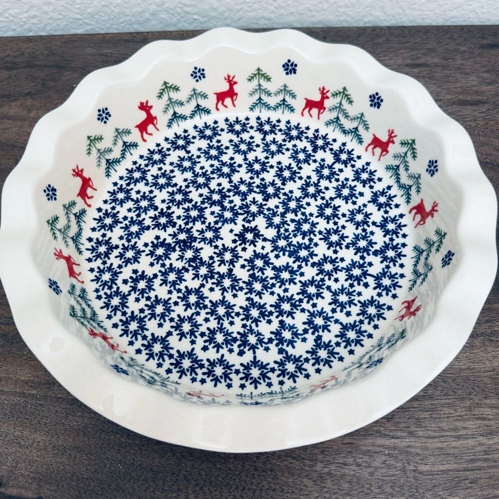 Boleslawiec Polish Pottery Christmas Reindeer Holiday Ceramic Pie Plate Dish